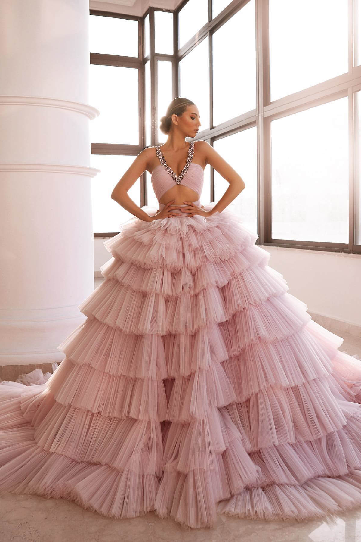 Pink Luxurious Sleeveless Deep V-Neck Prom Dress Tulle Layer