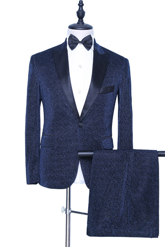 Modern Dark Navy Sparkly Wedding Suit for Groom with Peaked Lapel