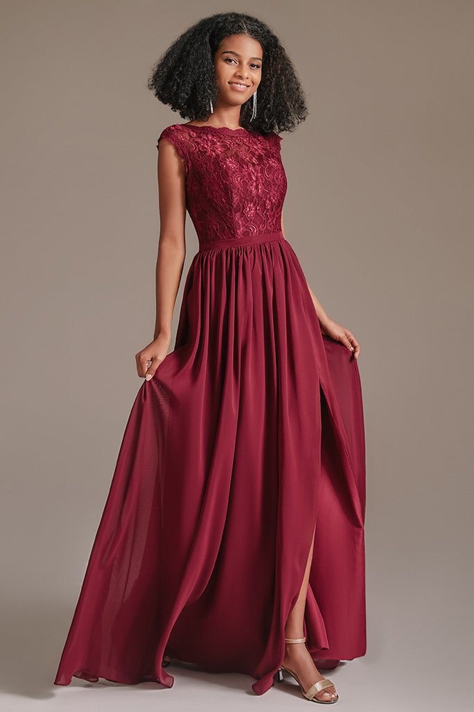 Burgundy Cap Sleeves Bridesmaid Dress with Slit