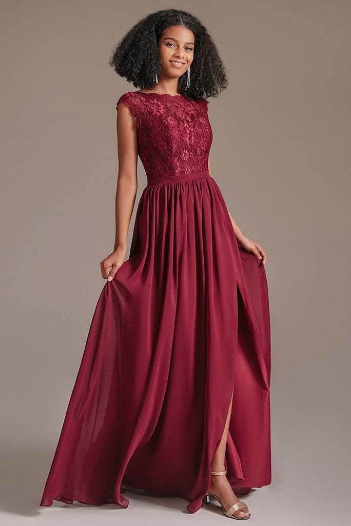 Burgundy Cap Sleeves Bridesmaid Dress with Slit
