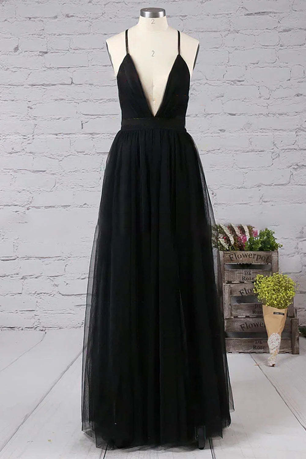 Prom Dress in Black Tulle with Deep V-Neck