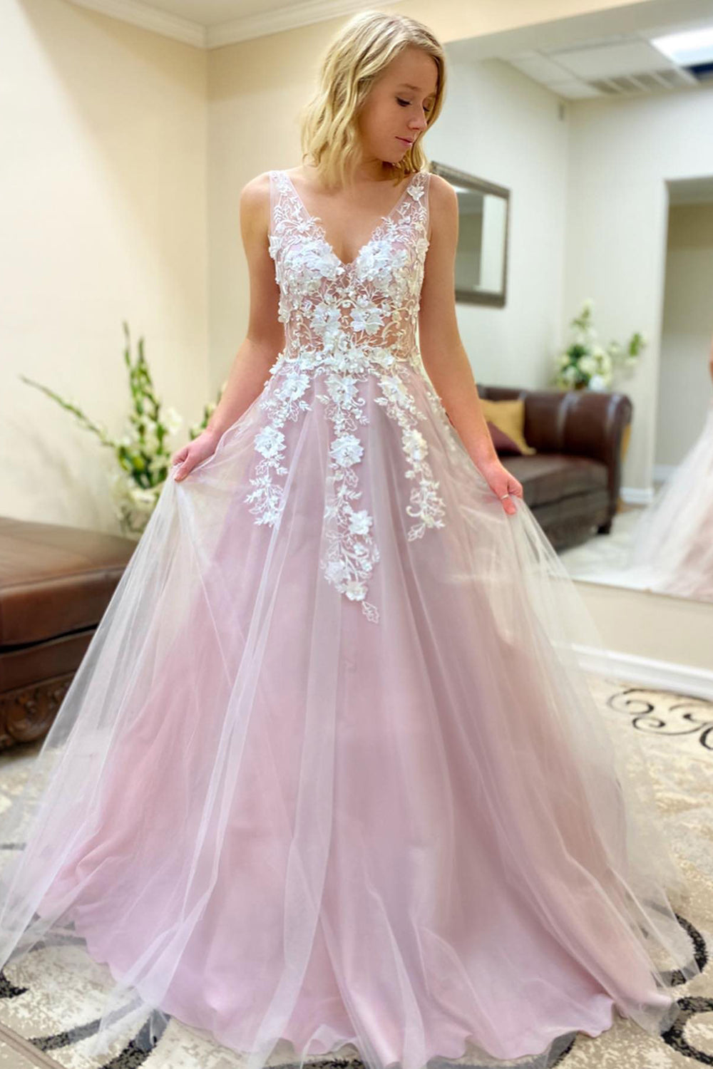 A-Line Prom Dress with Appliques in a V-Neck Style