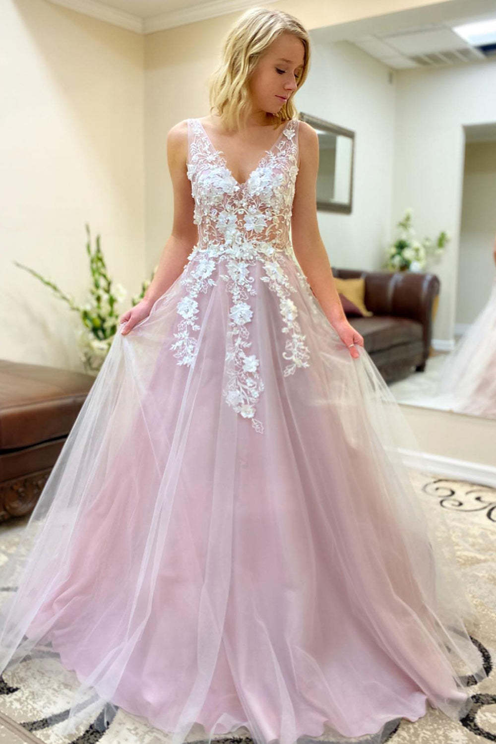 A-Line Prom Dress with Appliques in a V-Neck Style