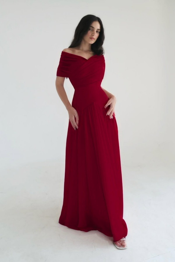 Chiffon Off the Shoulder Sleeveless Long Formal Dress With Pleated
