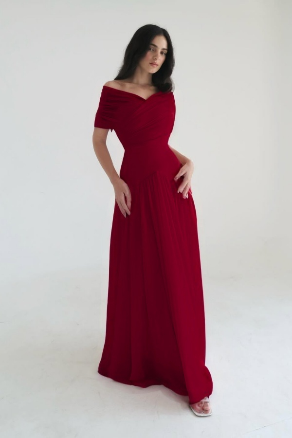 Chiffon Off the Shoulder Sleeveless Long Formal Dress With Pleated