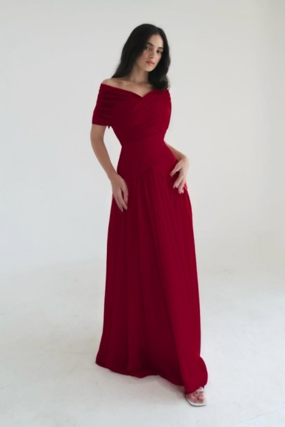 Chiffon Off the Shoulder Sleeveless Long Formal Dress With Pleated