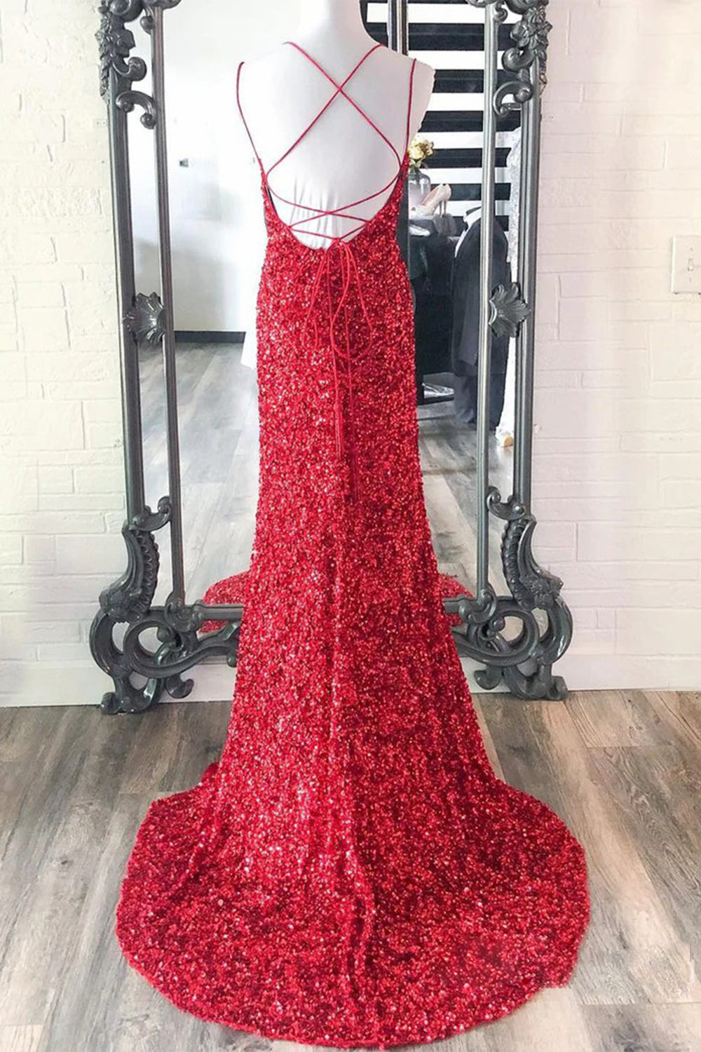 Long Red Mermaid Prom Dress Featuring Sequins and a Slit