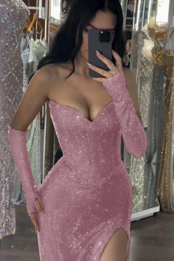 Sequin Strapless Long Mermaid Formal Dress With Split Detachable sleeves