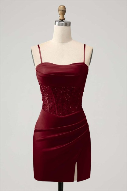 Green Sequins Spaghetti-Straps Short Mini cocktail Dress