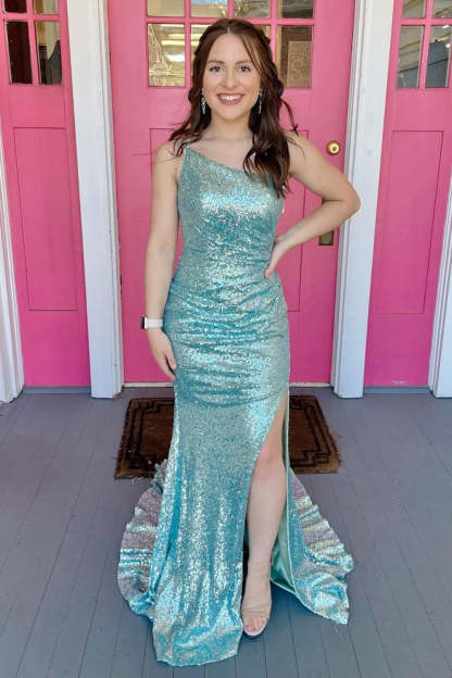 Mermaid Prom Dress with One Shoulder and Sequins Featuring a Slit