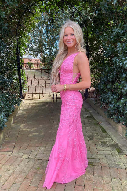Pink Long Prom Dress with Appliques in a Mermaid Deep V Neckline
