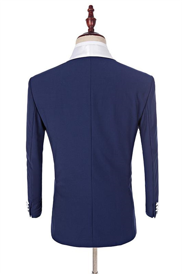 Navy Blue Groomsmen White Shawl-Lapel One-Button Three-Piece Wedding Tuxedos