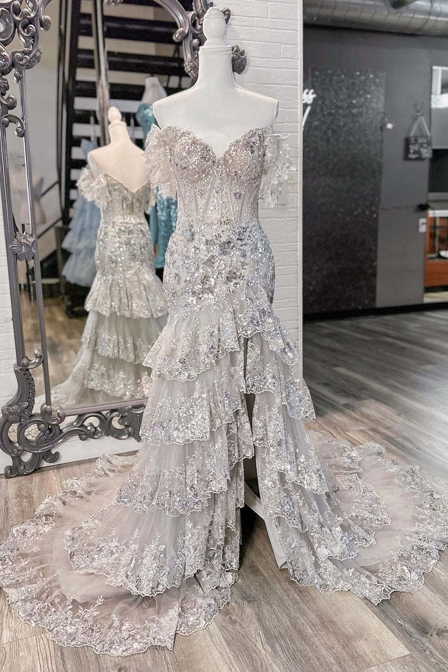 Long Red Prom Dress with Lace in an Off-the-Shoulder A-Line Design