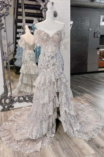 Long Red Prom Dress with Lace in an Off-the-Shoulder A-Line Design