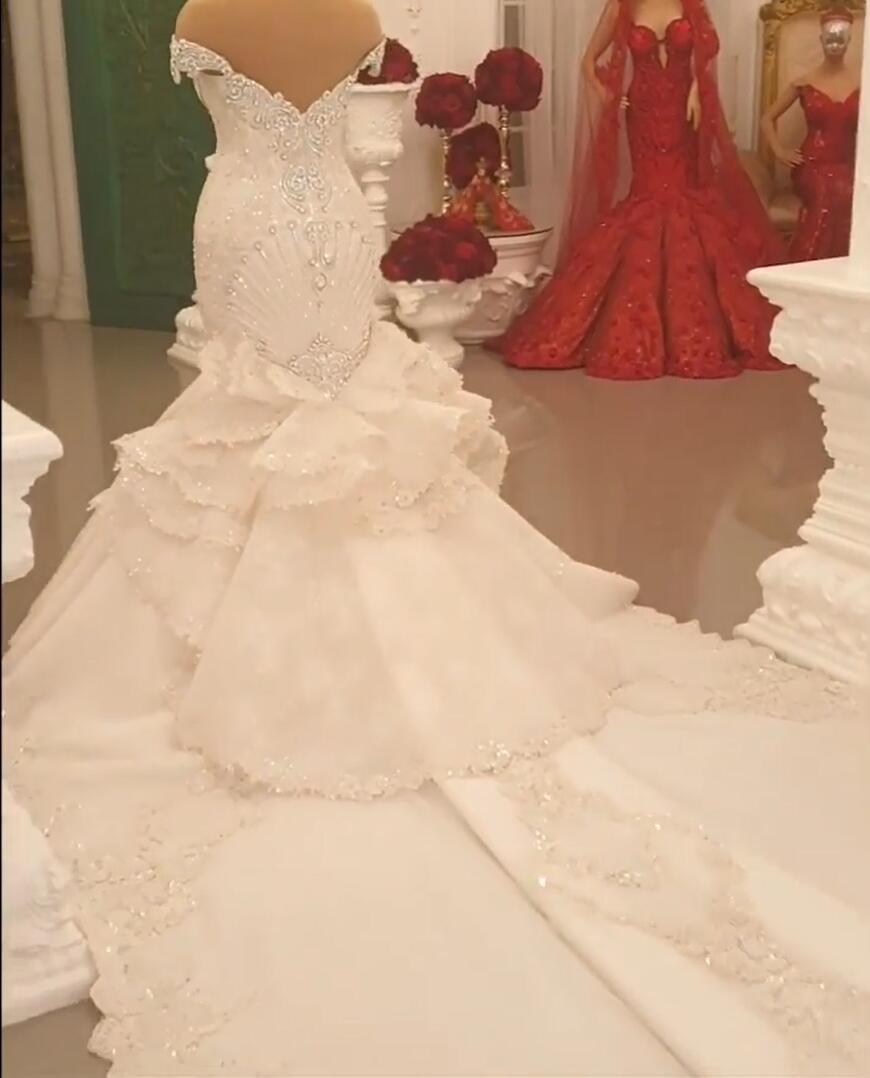 Gorgeous Floor-Length Backless Mermaid Off-The-Shoulder Wedding Dress with Crystal