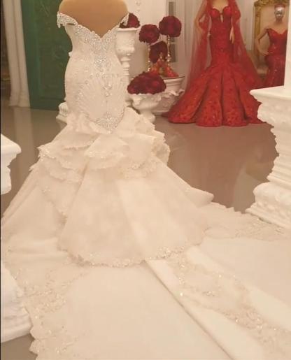 Gorgeous Floor-Length Backless Mermaid Off-The-Shoulder Wedding Dress with Crystal