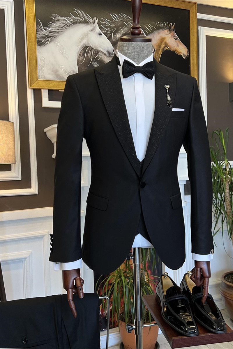Chic Three-Piece Black Sparkle Peaked Lapel Wedding Men's Suits