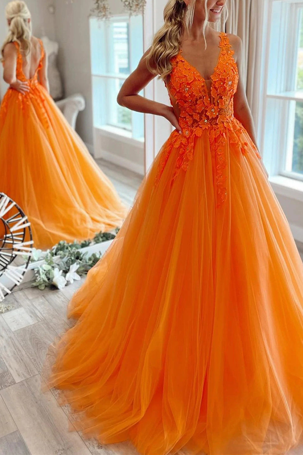 Orange V-Neck A-Line Prom Dress Featuring Appliques