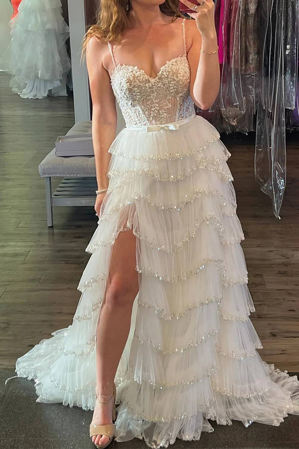 White Corset Prom Dress with Princess A Line and Ruffled Spaghetti Straps