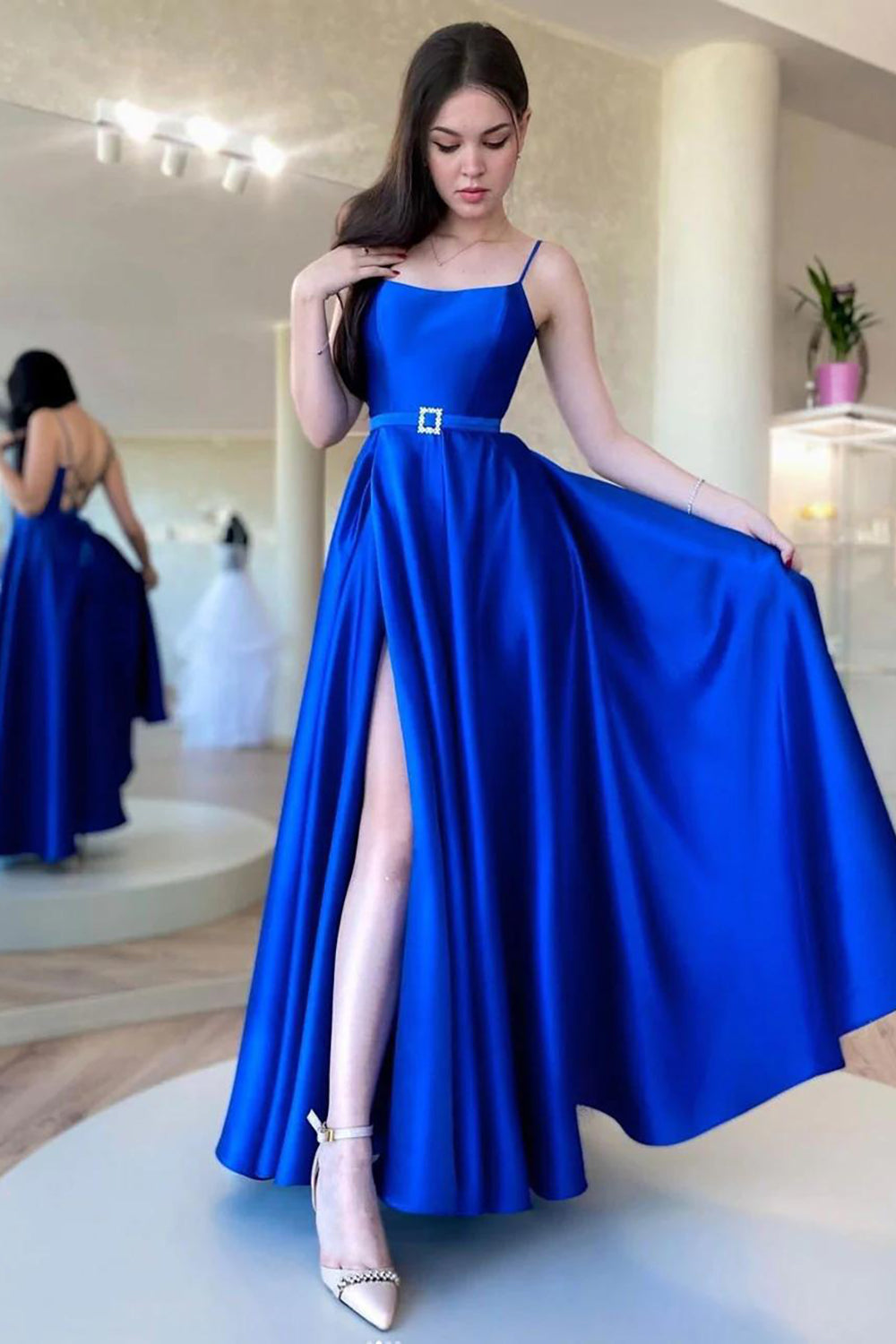 Royal Blue Long A-Line Prom Dress with Spaghetti Straps and Front Split