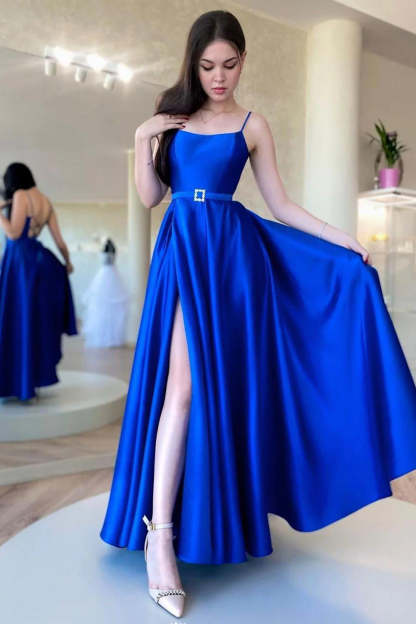 Royal Blue Long A-Line Prom Dress with Spaghetti Straps and Front Split