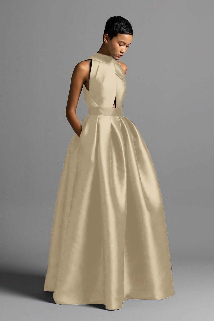 Halter Sleeveless High Waist Long Formal Dress With Pocket Pleated