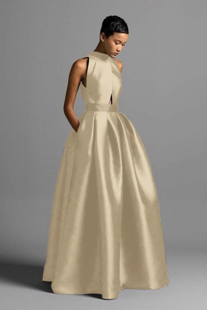 Halter Sleeveless High Waist Long Formal Dress With Pocket Pleated