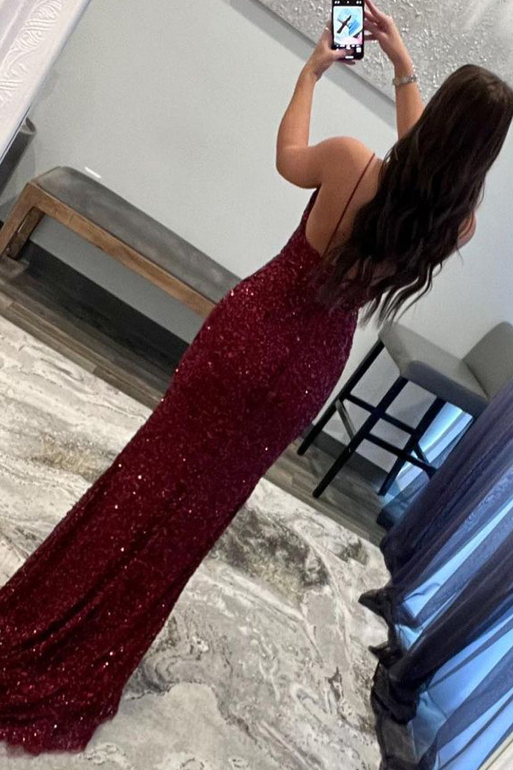 Long Dark Red Sequined Prom Dress with Front Split and Spaghetti Strap Sheath