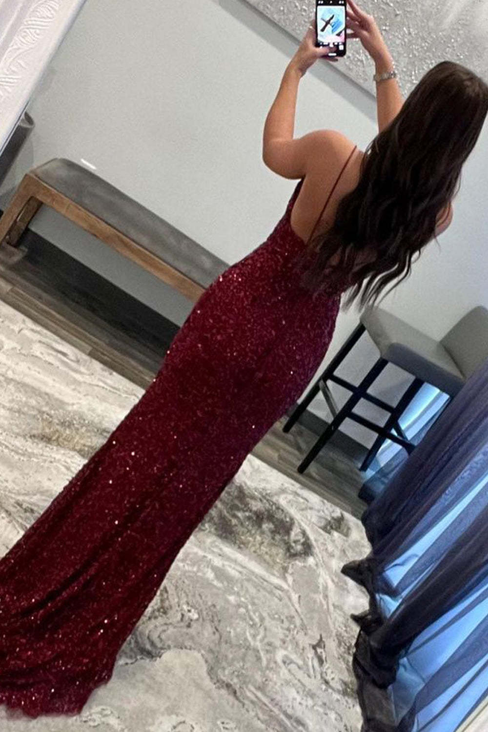 Long Dark Red Sequined Prom Dress with Front Split and Spaghetti Strap Sheath