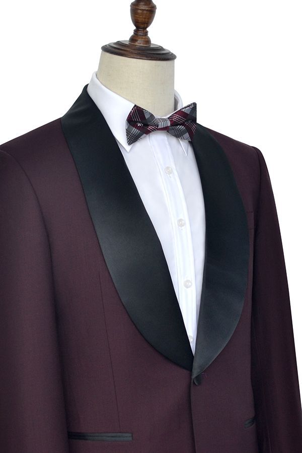 Luxury Black Shawl Collar Burgundy One-Button Wedding Suits for Men