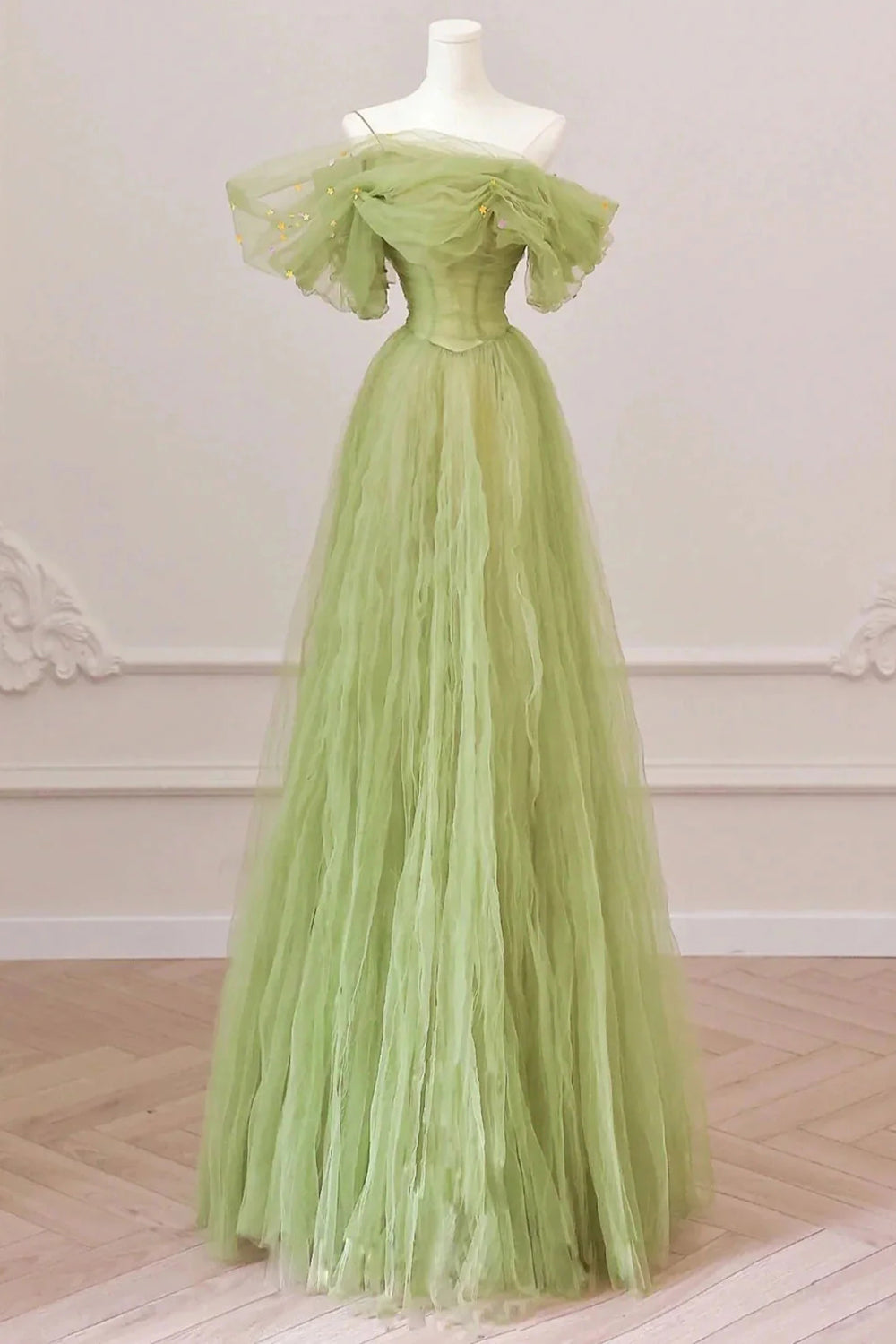 Light Green Long Prom Dress with Off-the-Shoulder A-Line