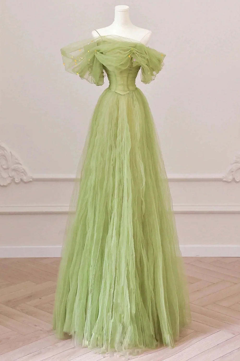 Light Green Long Prom Dress with Off-the-Shoulder A-Line