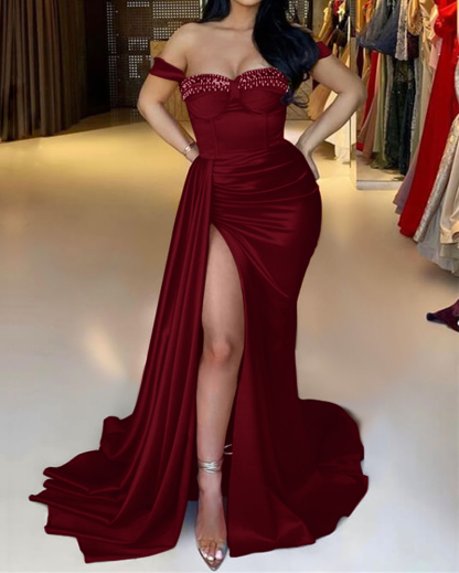 Red Mermaid Off-The-Shoulder Beadings Sweetheart Evening Dress Long With Ruffles Split