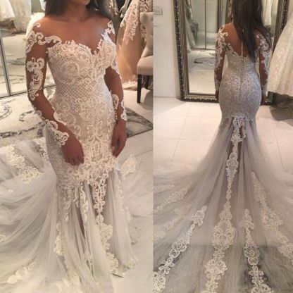 Long Sleeves Beads Off-the-Shoulder Mermaid Wedding Dress with Lace Appliques
