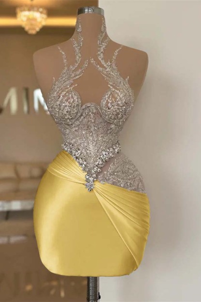 White High-Grade Exquisite Beaded Pleated Tights Short Mini cocktail Dress