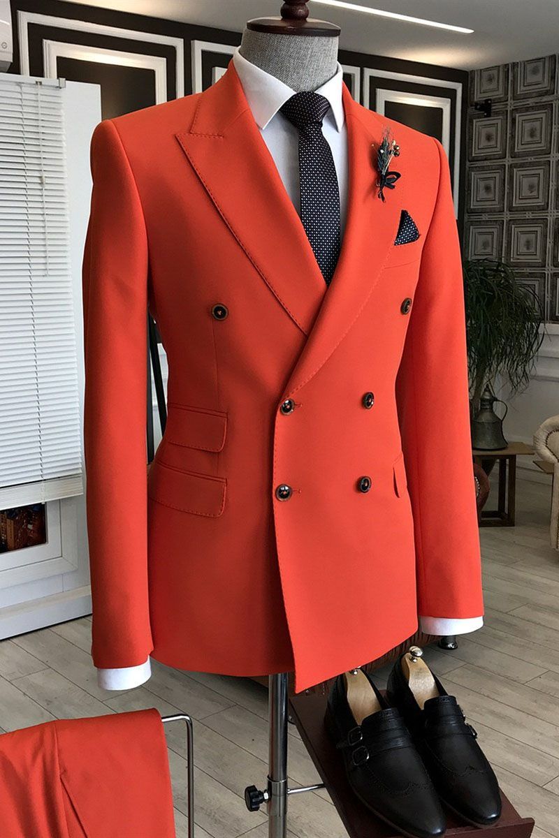 Elegant Red Peaked Lapel Best Party Suit for Prom with Double-Breasted