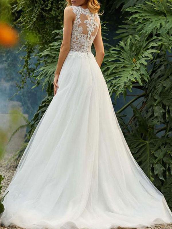 Tulle Sleeveless Lace Wedding Dress Long