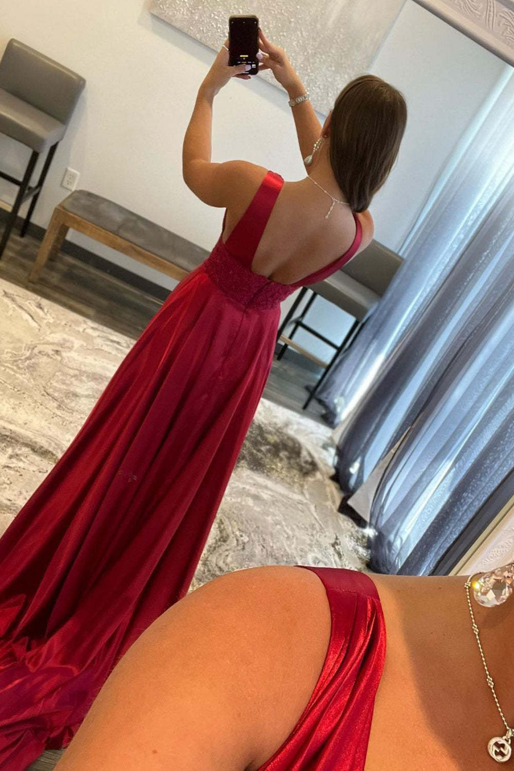 Long Burgundy Prom Dress with V Neck and Backless Lace Design