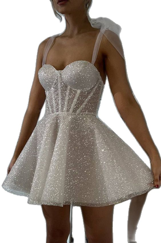 White Sweetheart Glitter Tulle Shoulder Straps Bud Short Mini cocktail Dress