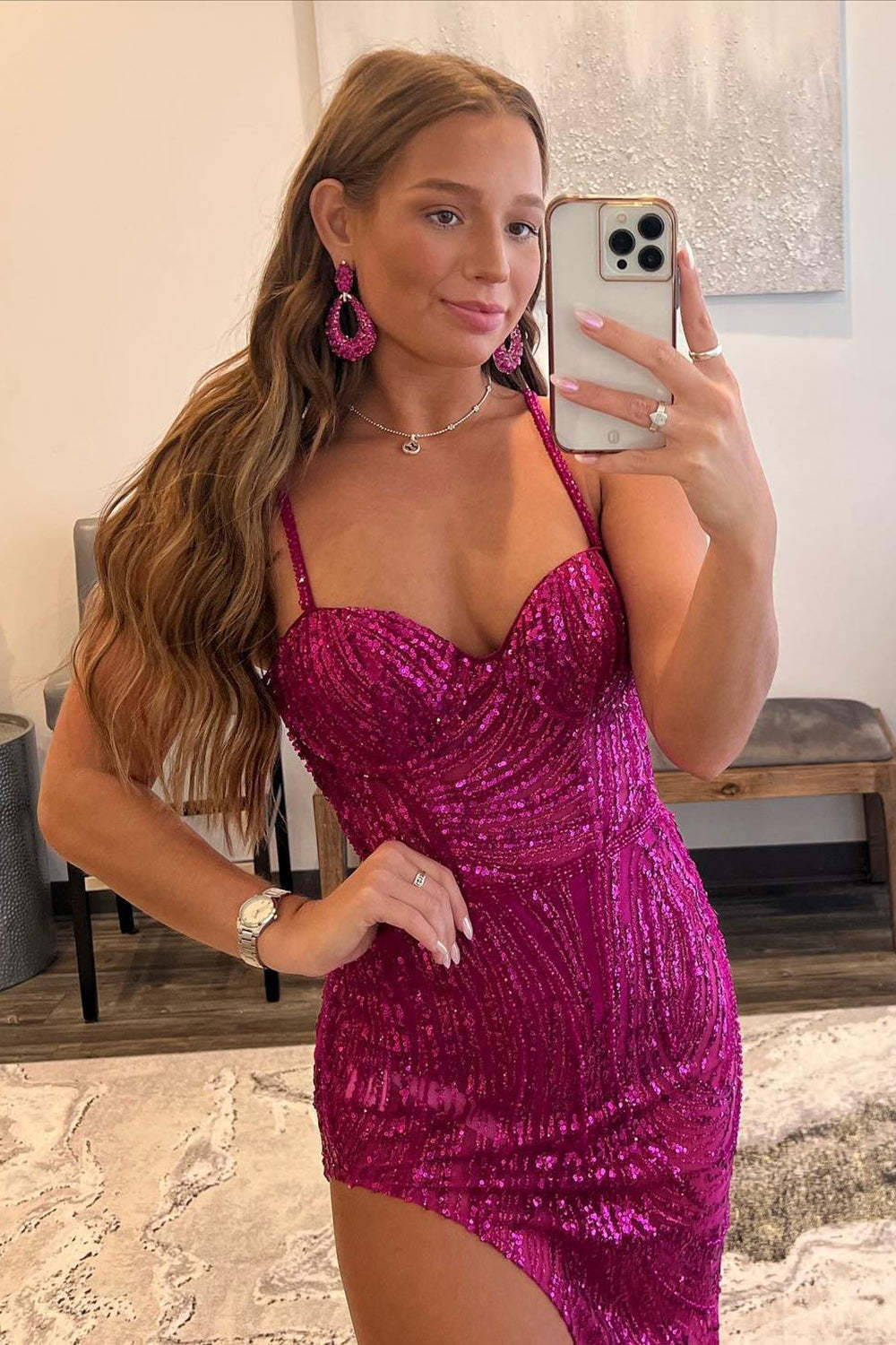 Long Hot Pink Sparkly Sheath Prom Dress with Sequins and Slit