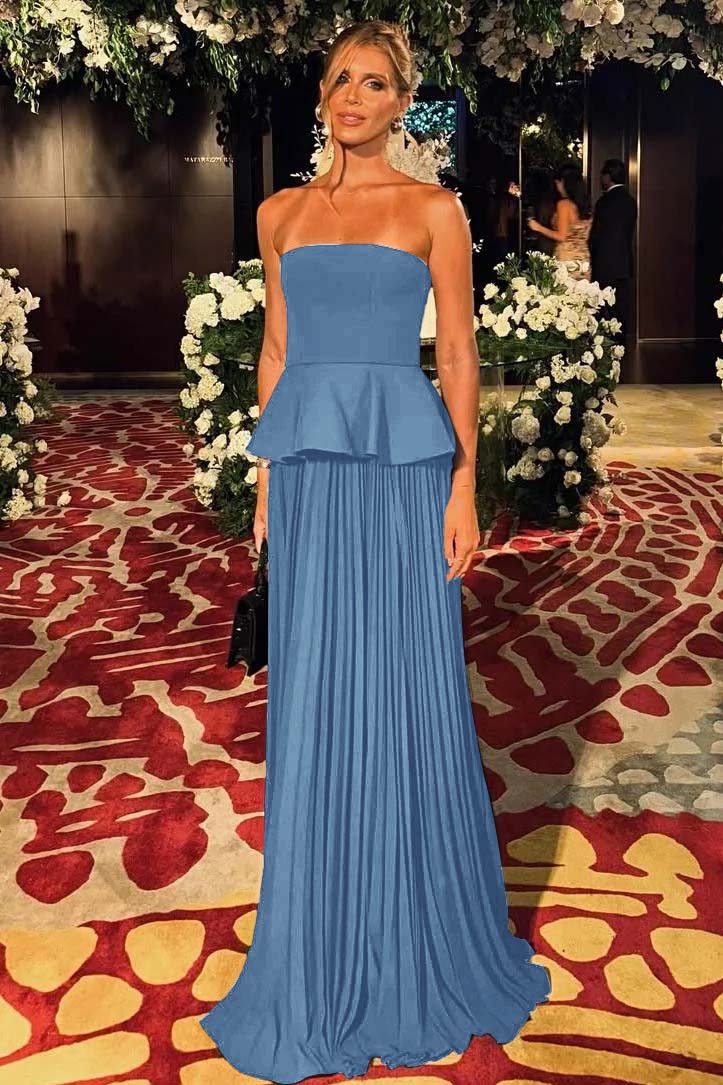 Black Sleeveless Strapless Long Formal Dress With Pleated Ruffles