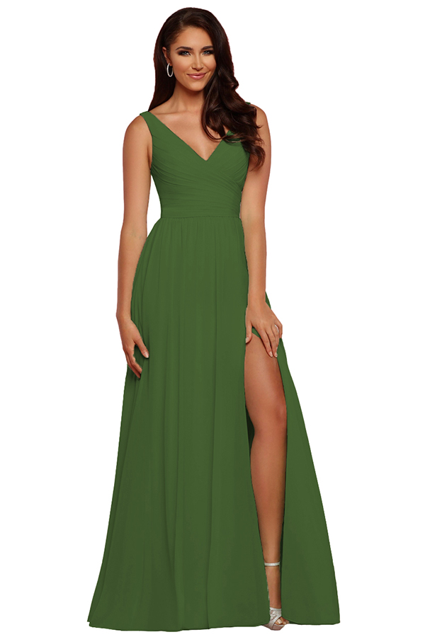 Sleeveless V-Neck Bridesmaid Dress with Split