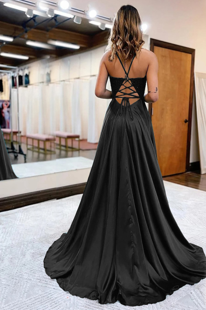 Prom Dress in Dark Green Satin with A-Line Silhouette and Appliques Featuring a Slit