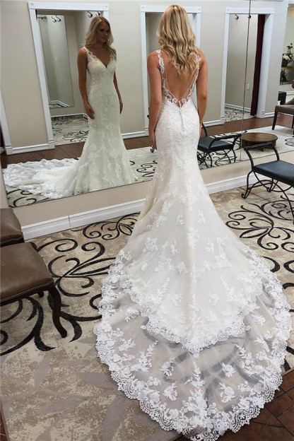 Stylish V-Neck Beackless Train Mermaid Straps Wedding Dress with Appliques