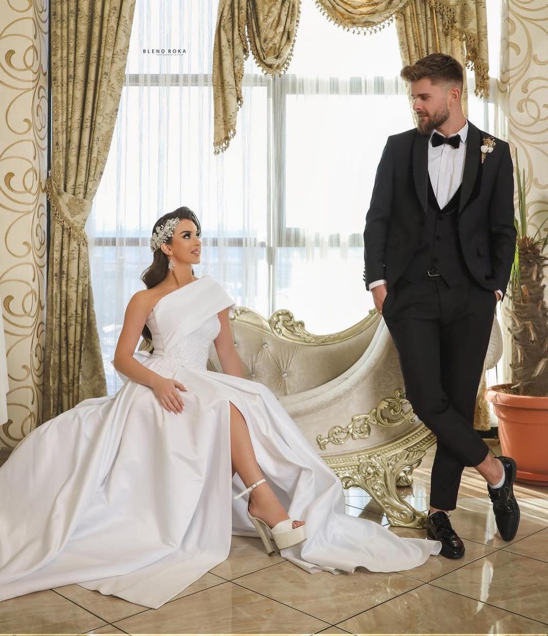 Gorgeous Satin Long A-Line One Shoulder Wedding Dress with Slit