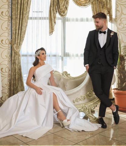 Gorgeous Satin Long A-Line One Shoulder Wedding Dress with Slit