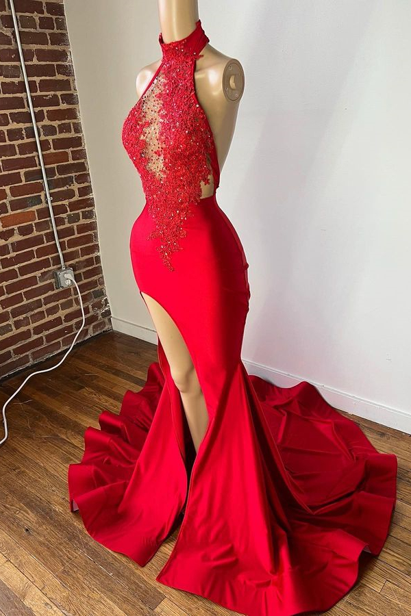 High Neck Sexy Red Appliques Mermaid Slit Evening Dress With Backless