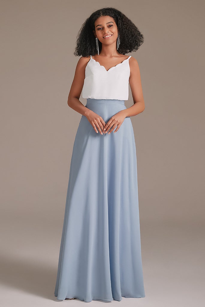 Spaghetti-Straps White and Blue Bridesmaid Dress