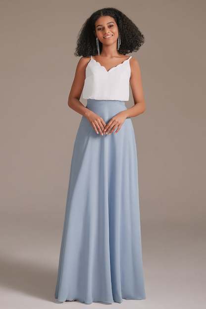 Spaghetti-Straps White and Blue Bridesmaid Dress