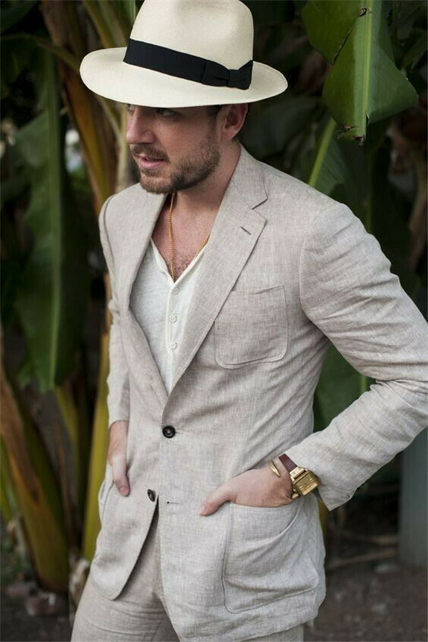 Funny Khaki Summer Fashion Linen Notched Lapel Wedding Suit for Men
